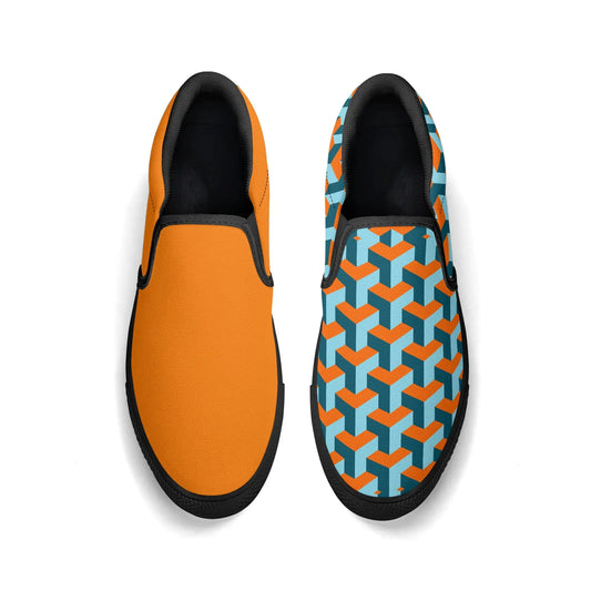 Two slip-on shoes, one orange and one with a geometric pattern, on a white background.