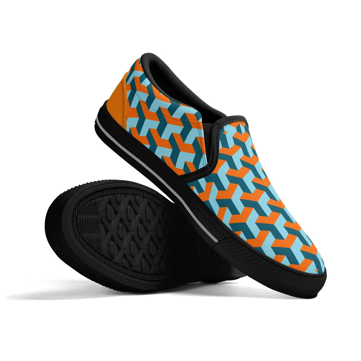 Colorful geometric-patterned slip-on shoes on a white background