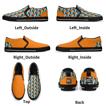 Multiview of orange and blue patterned shoes showing different angles and sides.
