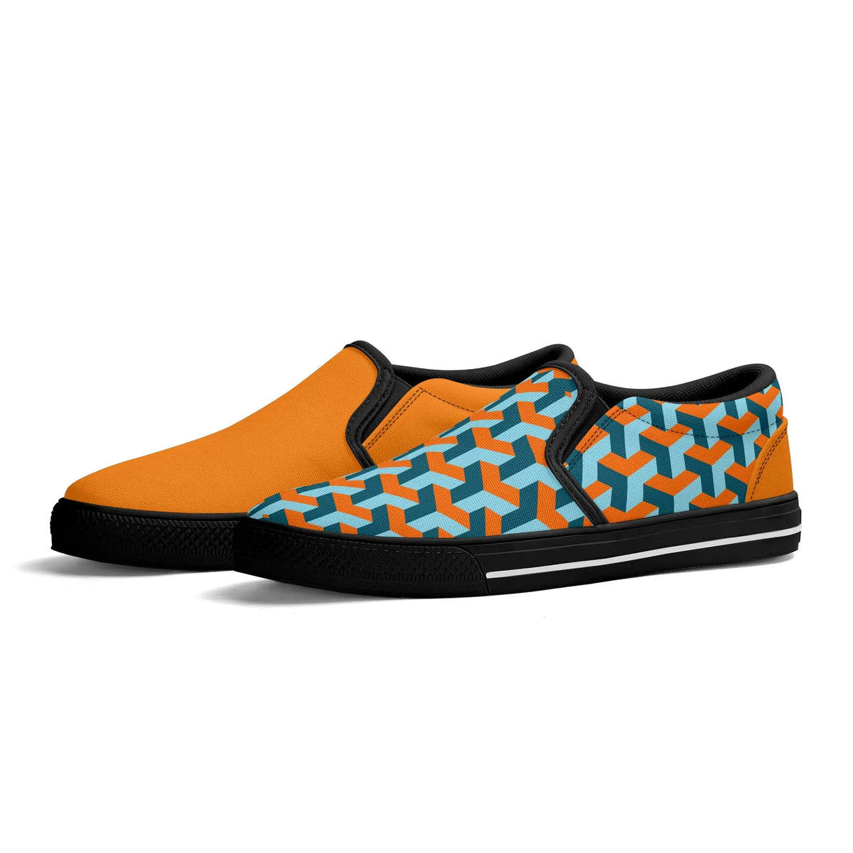 Orange and blue patterned slip-on shoes on a white background