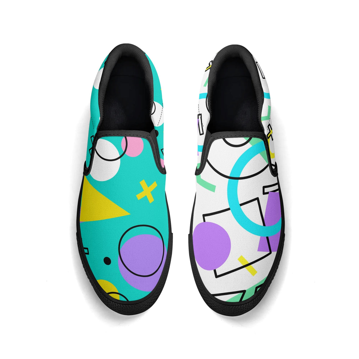 Colorful geometric-patterned shoes on a white background