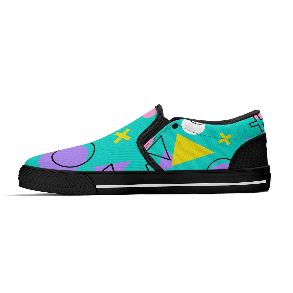 Colorful sneaker with geometric patterns on a greenish background