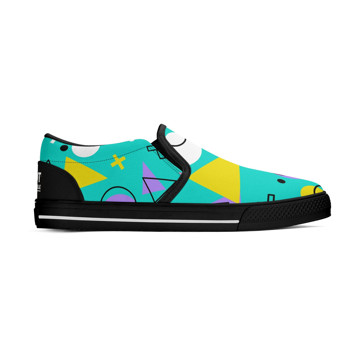 Colorful sneaker with geometric patterns on a greenish background