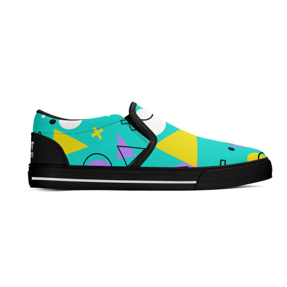 Colorful sneaker with geometric patterns on a greenish background