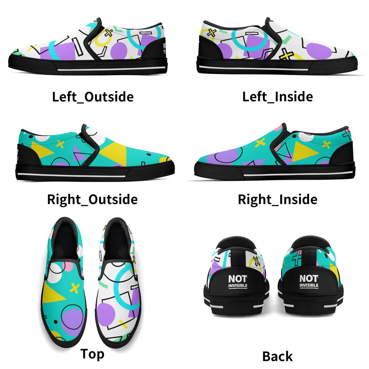 Colorful sneakers shown from multiple angles on a white and greenish background