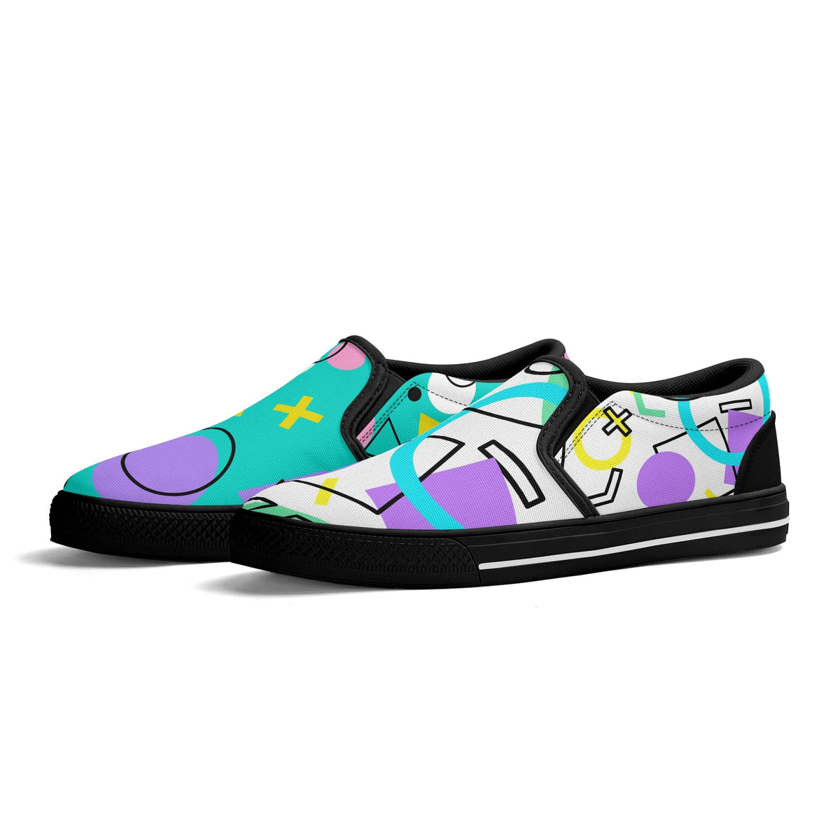 Colorful slip-on shoes with abstract designs on a white background