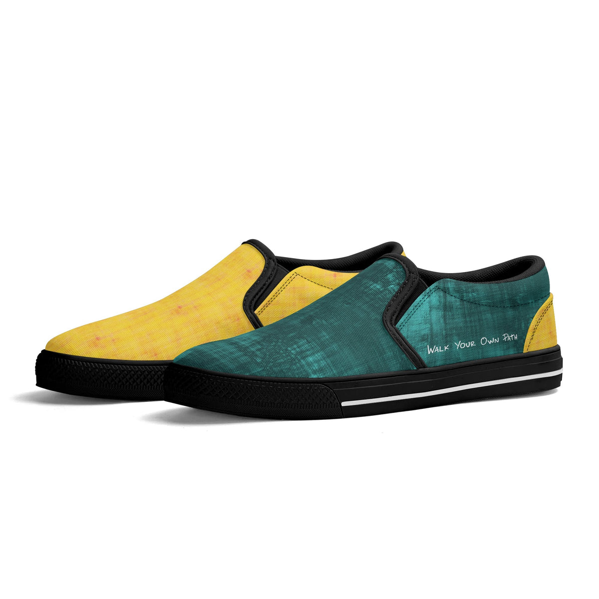 Yellow and green slip-on shoes with black soles on a white background
