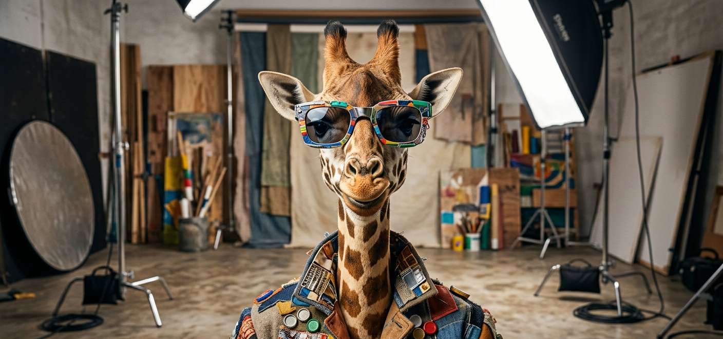 Giraffe wearing sunglasses and a colorful jacket in a studio setting