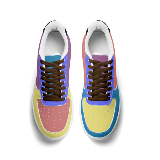 Colorful sneakers with multicolored soles on a white background
