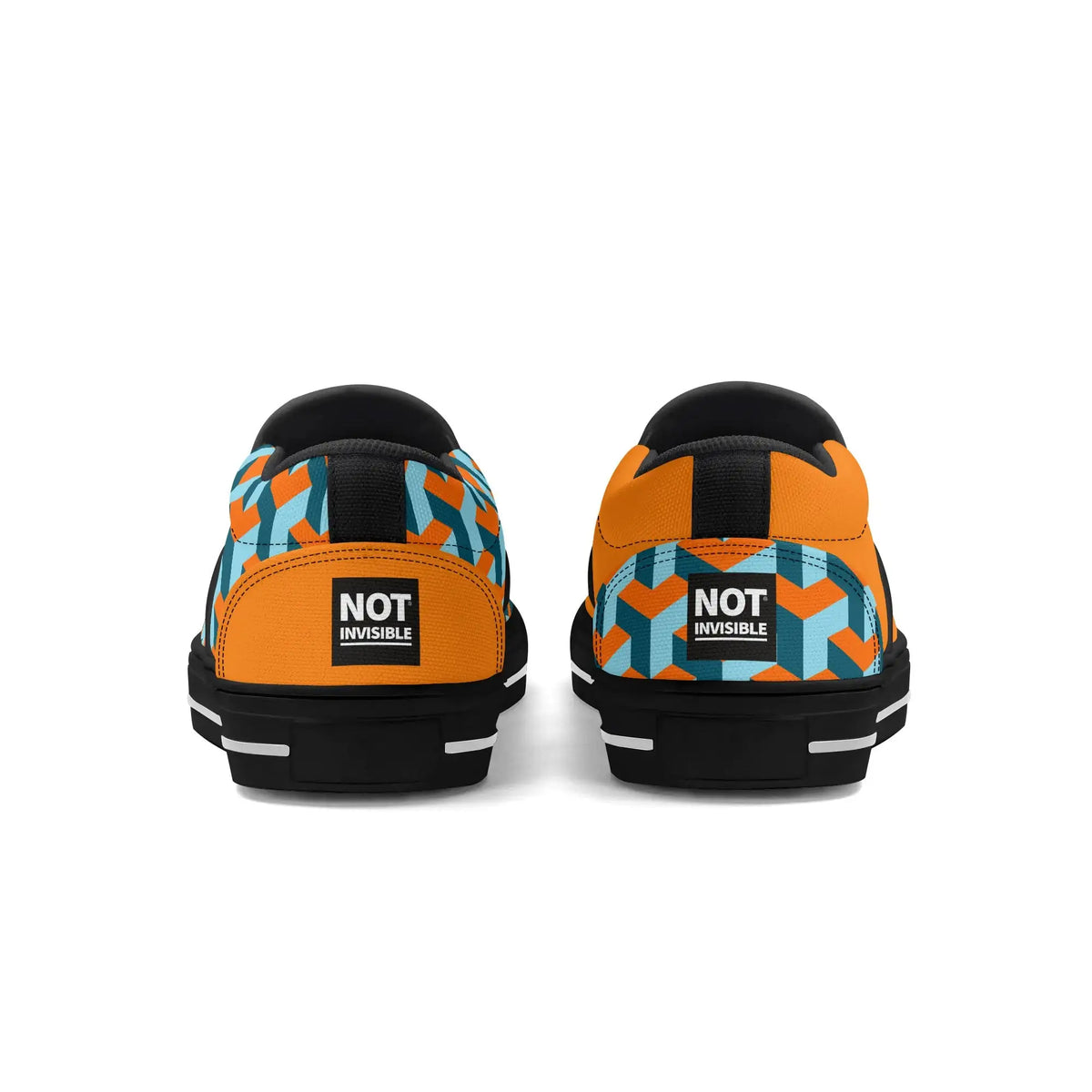 Pair of orange and blue patterned sneakers with 'Not Invisible' label on a white background