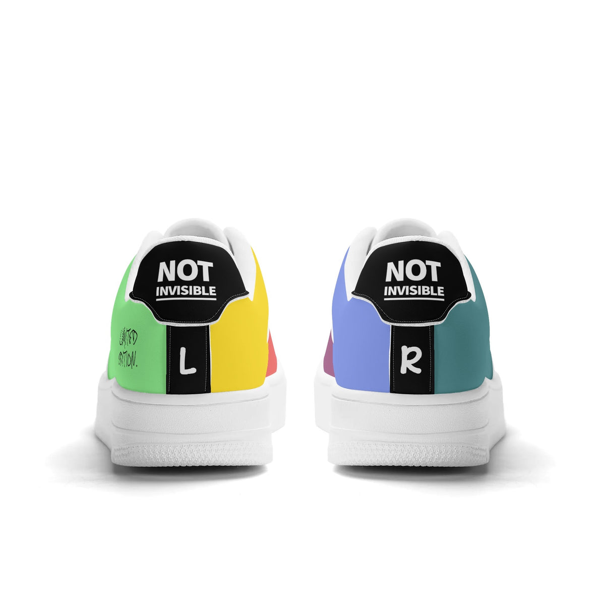 Pair of sneakers with 'NOT INVISIBLE' labels on a white background