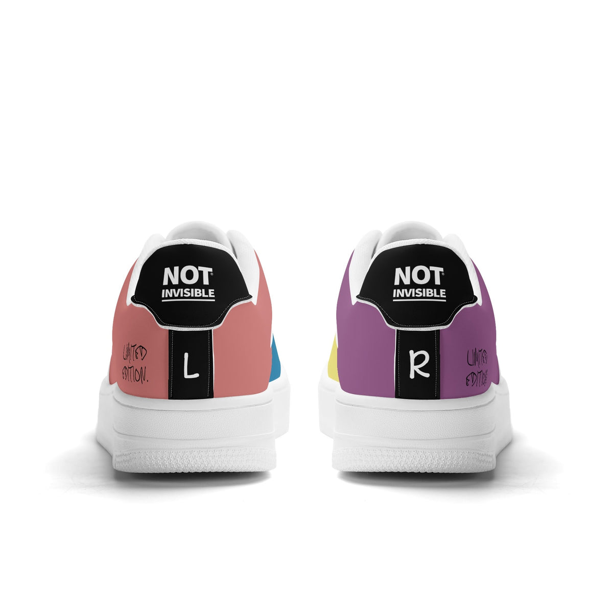 Pair of sneakers with 'Not Invisible' labels on a white background