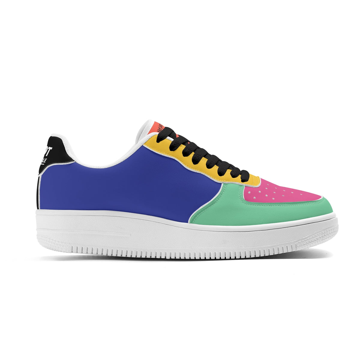 Multicolored sneaker with a white sole on a white background