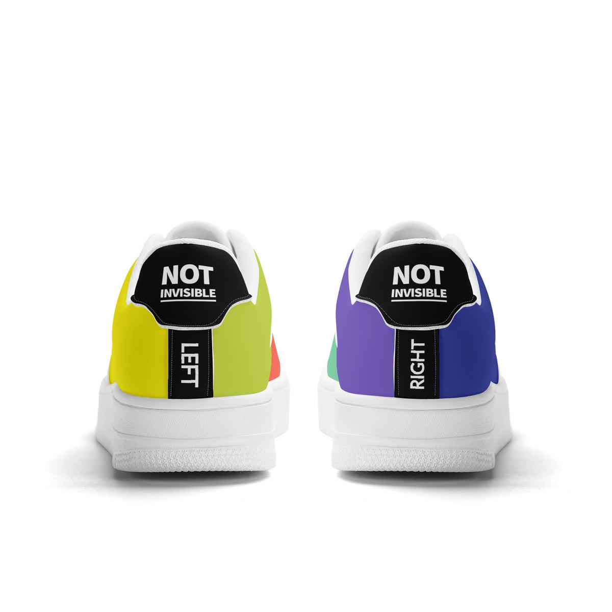 Pair of sneakers with 'Not Invisible' labels on a white background