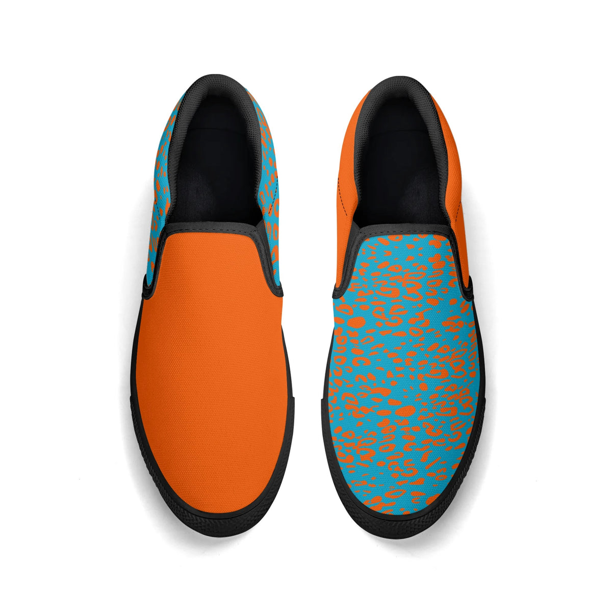 Orange and blue slip-on shoes with leopard print pattern on a white background