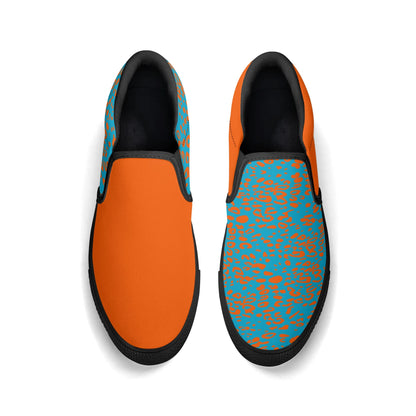 Orange and blue slip-on shoes with leopard print pattern on a white background