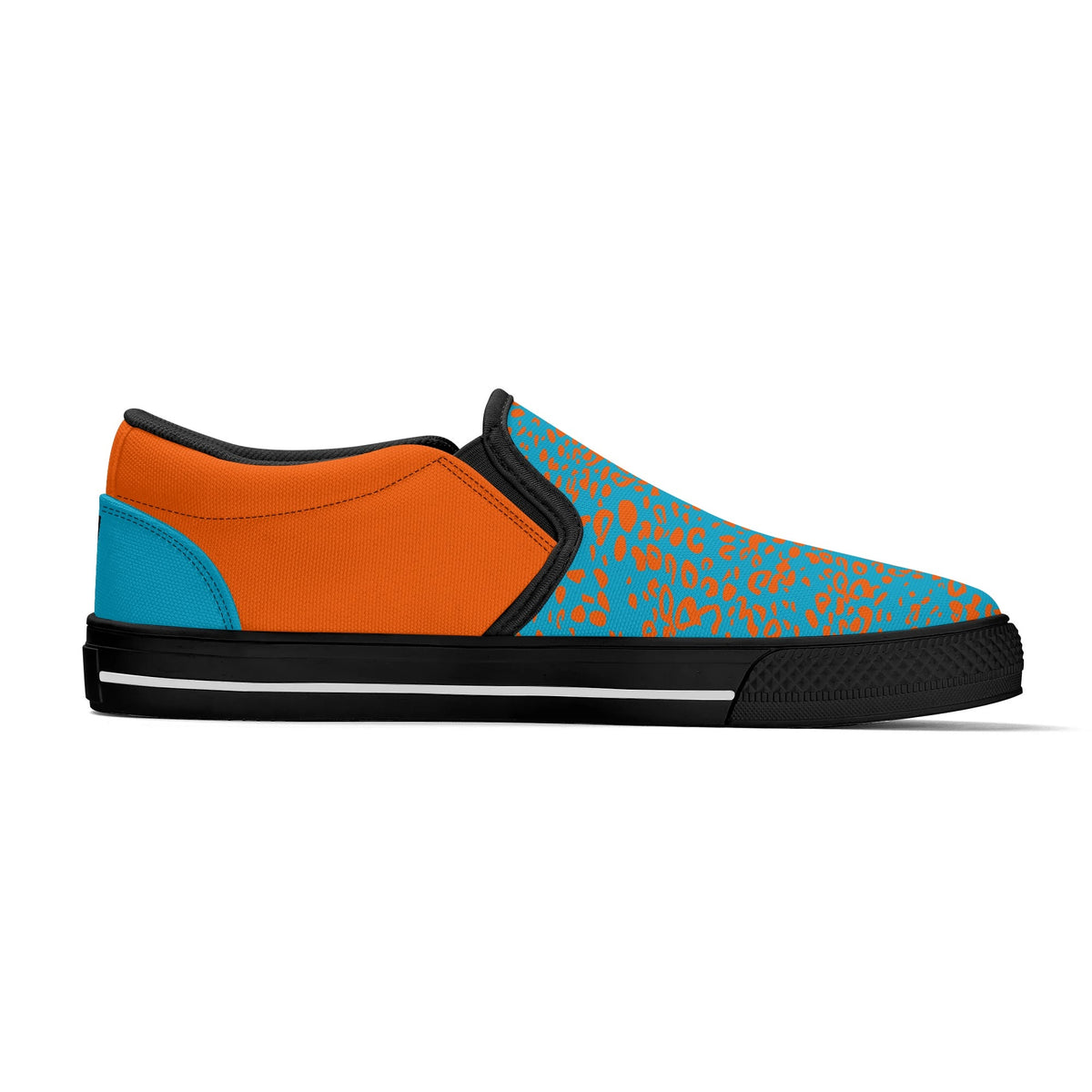Sneaker with orange and blue design on a white background