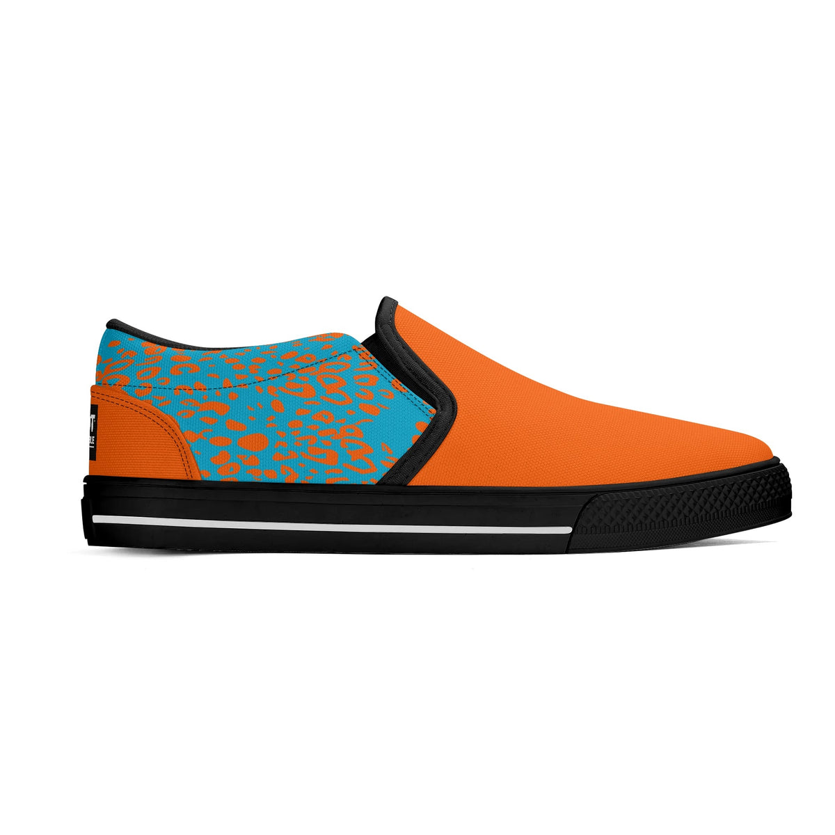 Orange slip-on shoe with blue leopard print pattern on a white background