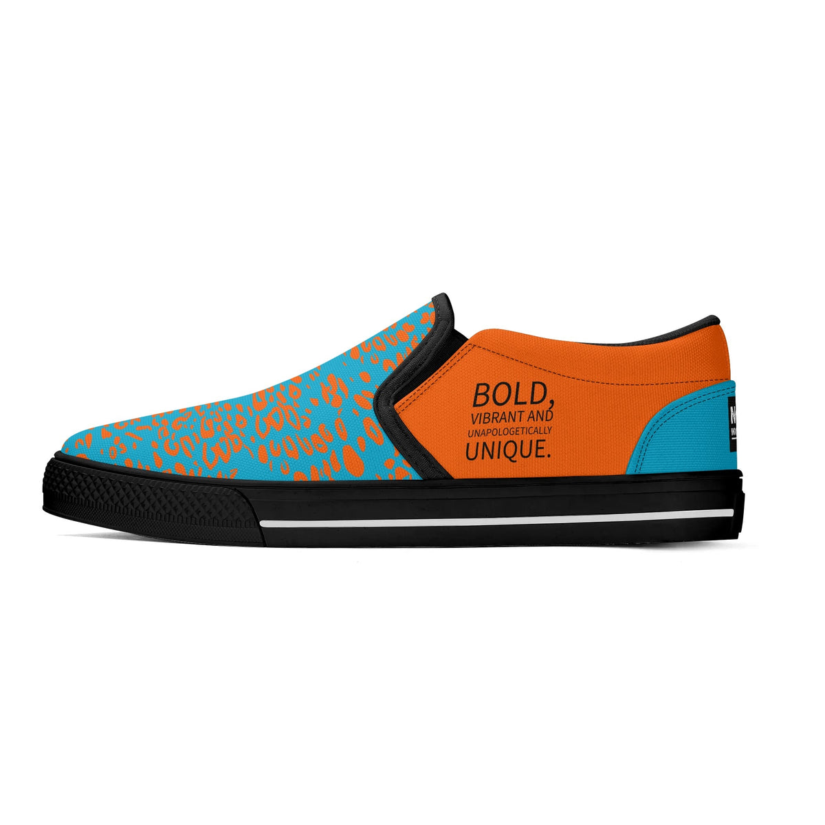 Orange and blue slip-on shoe with text on a white background