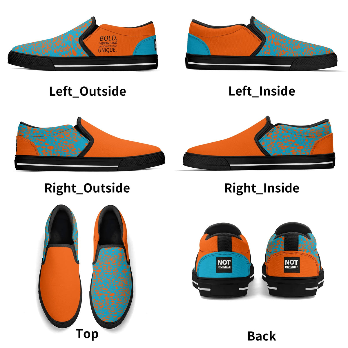 Orange and blue shoes shown from multiple angles on a white background