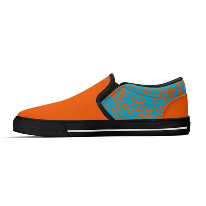 Orange slip-on shoe with blue leopard print pattern on a white background
