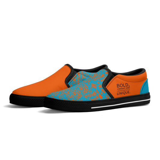 Orange and blue slip-on shoes with black accents on a white background