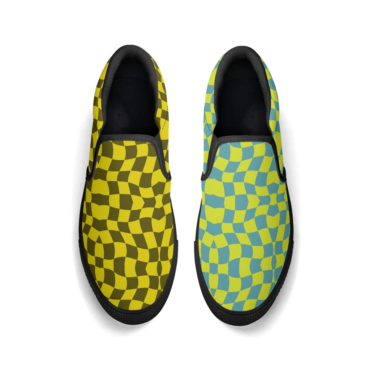 Pair of slip-on shoes with geometric pattern on a white background