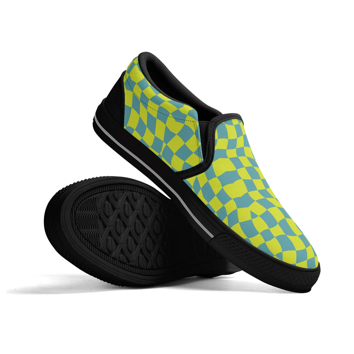 Sloppy slip-on shoes with green and blue checkered pattern on a white background
