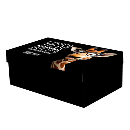 Black shoe box with a giraffe graphic and text on a white background
