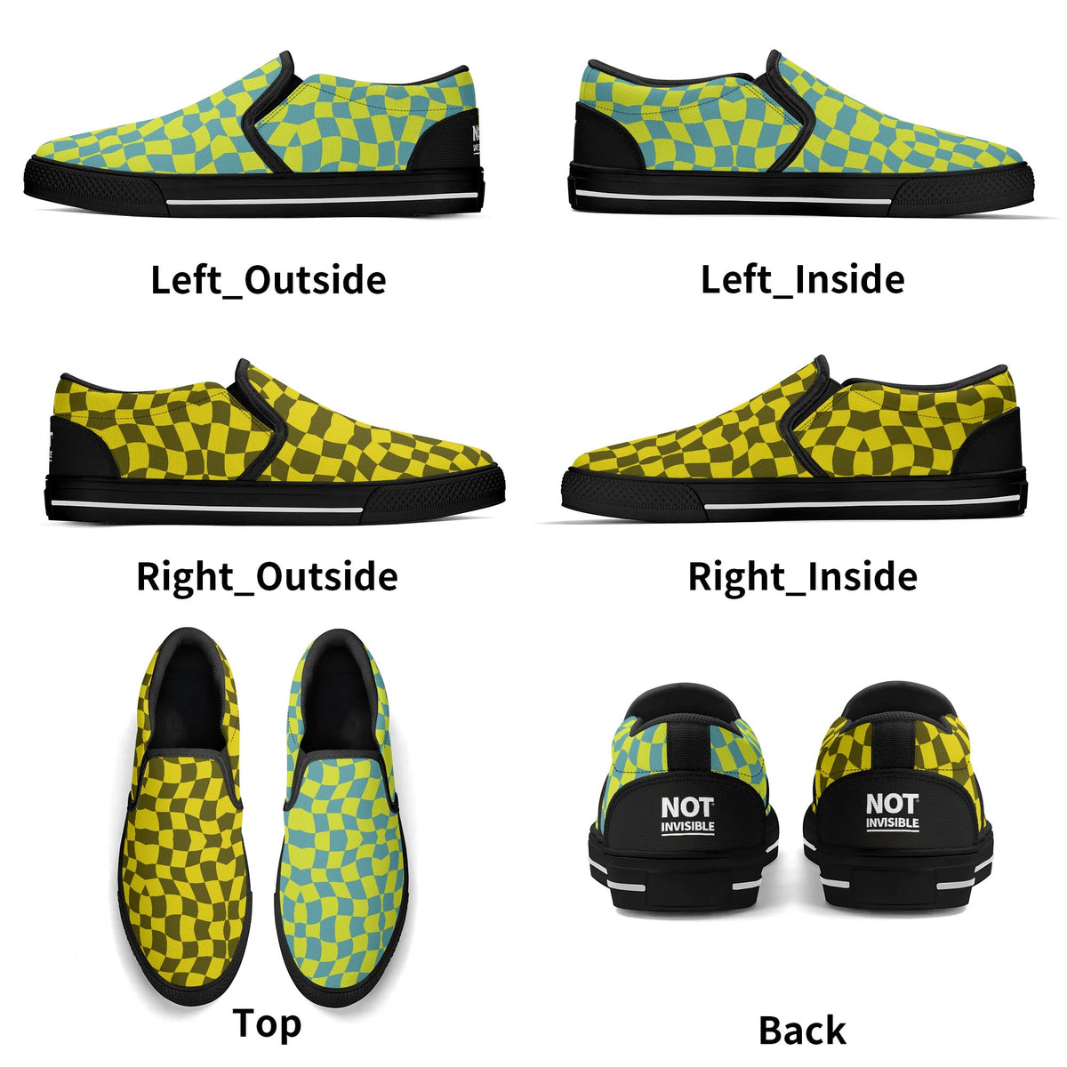 Yellow and black checkered shoes shown from multiple angles on a white background.
