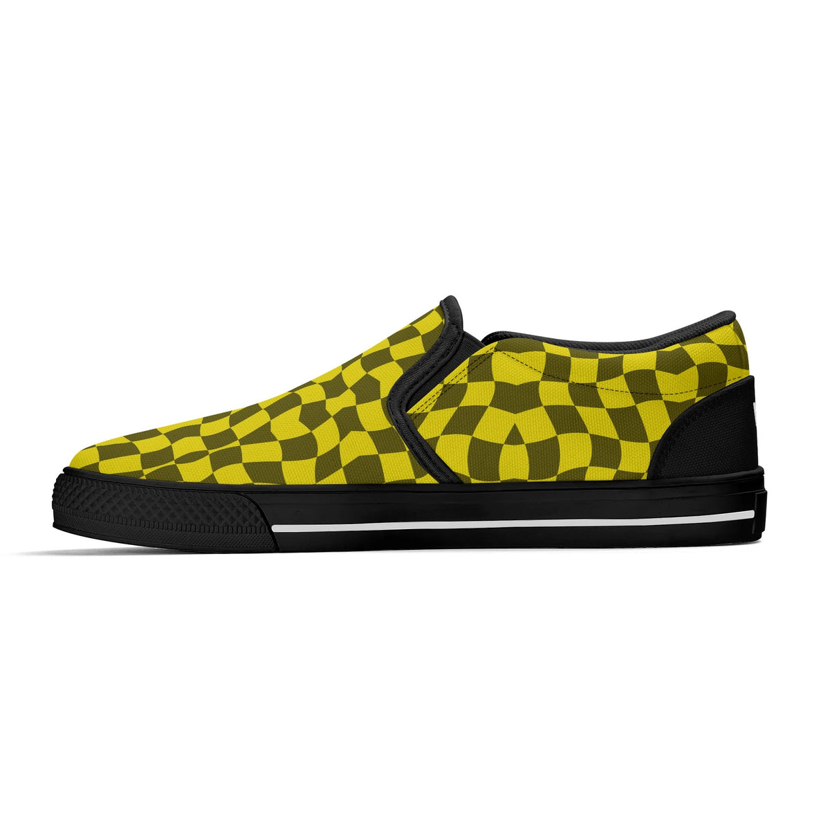 Yellow and green checkered slip-on shoe on a white background