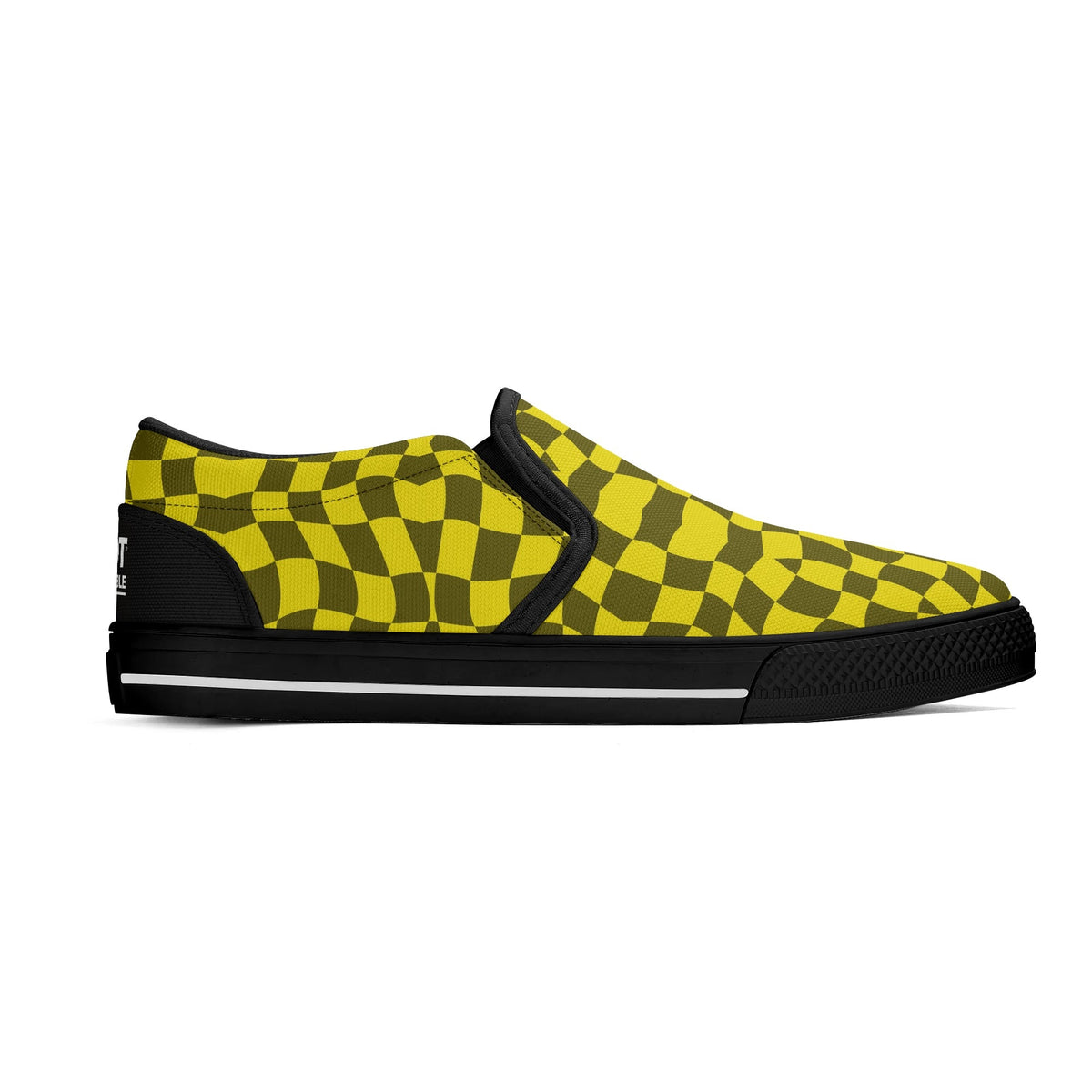 Yellow and black checkered slip-on shoe on a white background