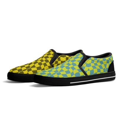Pair of slip-on shoes with geometric pattern on a white background