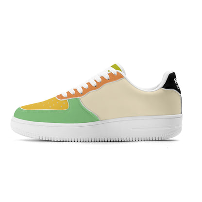 Multicolored sneaker with a white sole on a white background