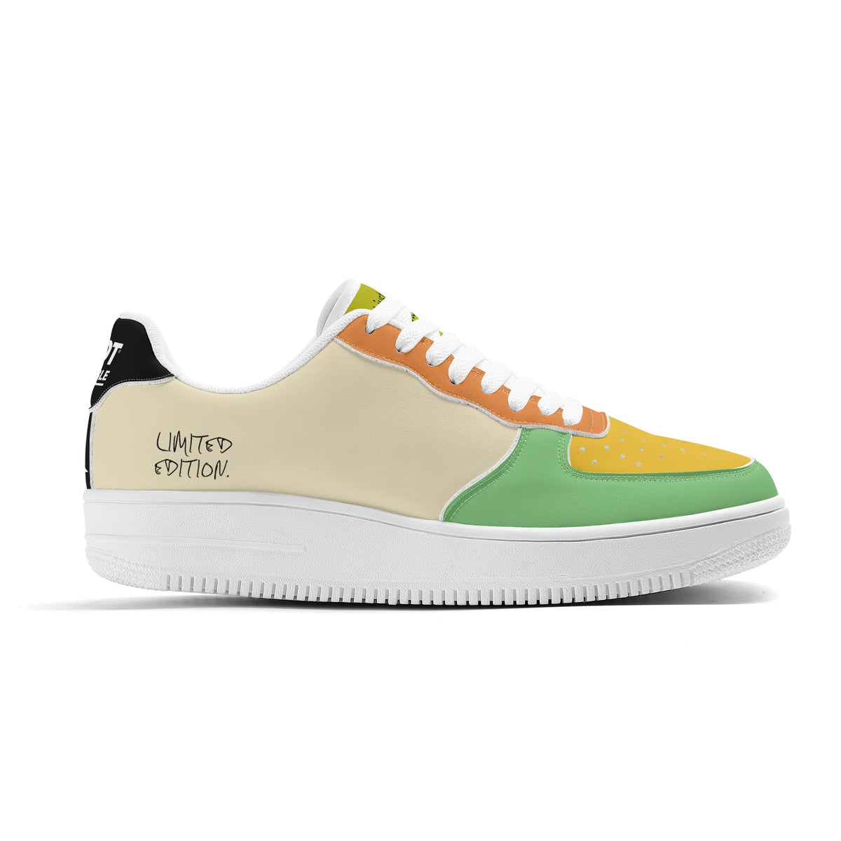 Multicolored sneaker with 'Limited Edition' text on a white background