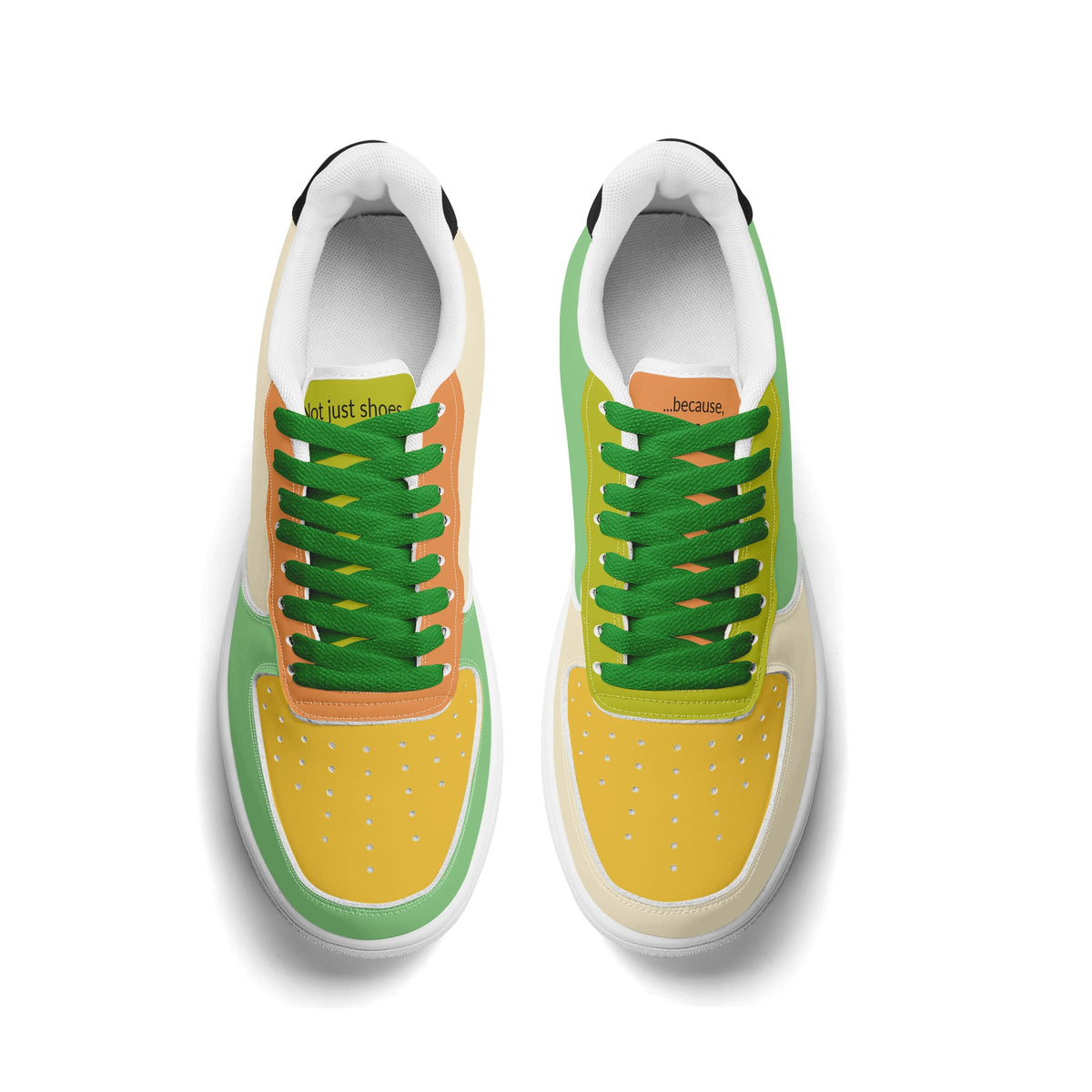 Pair of sneakers with green laces and yellow soles on a white background