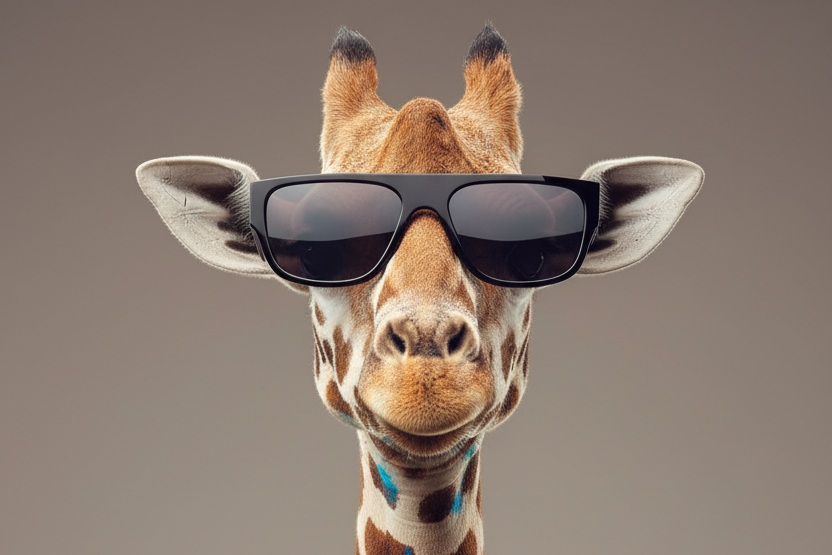 Giraffe wearing sunglasses and a leather jacket with 'Savanna Style' text on a gray background