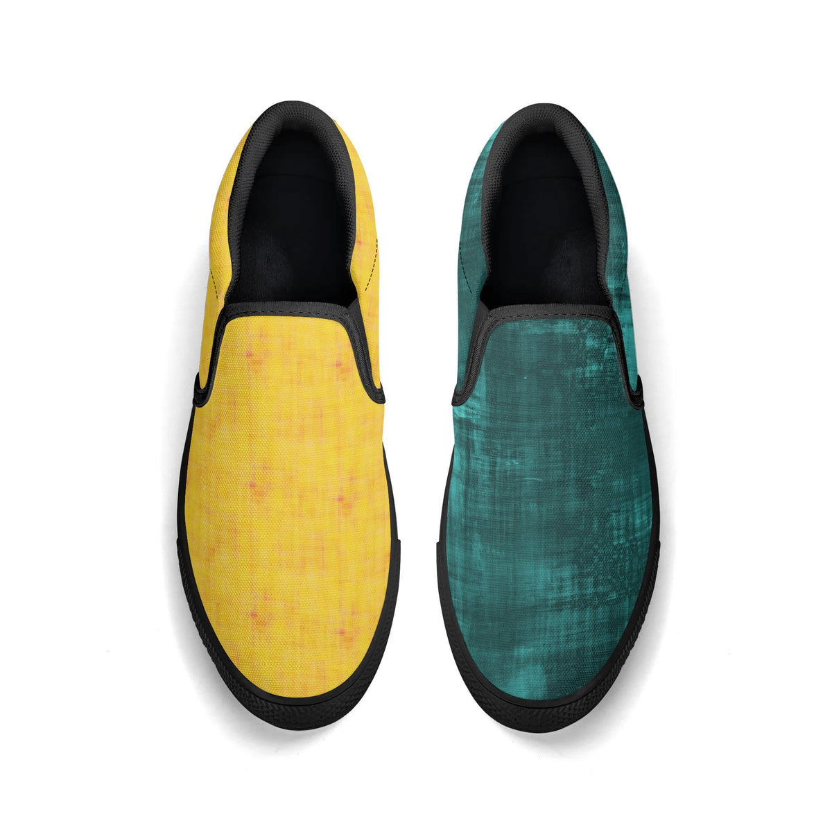 Yellow and teal slip-on shoes on a white background