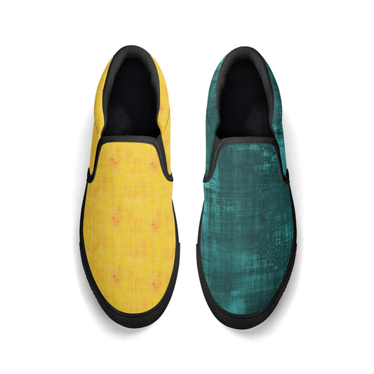 Yellow and teal slip-on shoes on a white background
