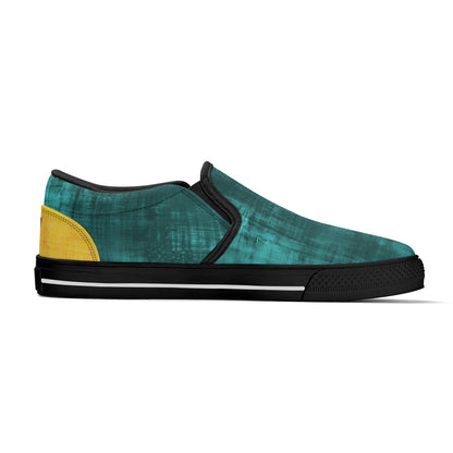 Green slip-on sneaker with yellow accent on a white background