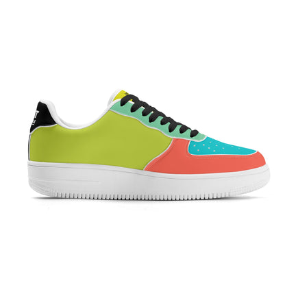 Multicolored sneaker with green, red, and blue sections on a white background