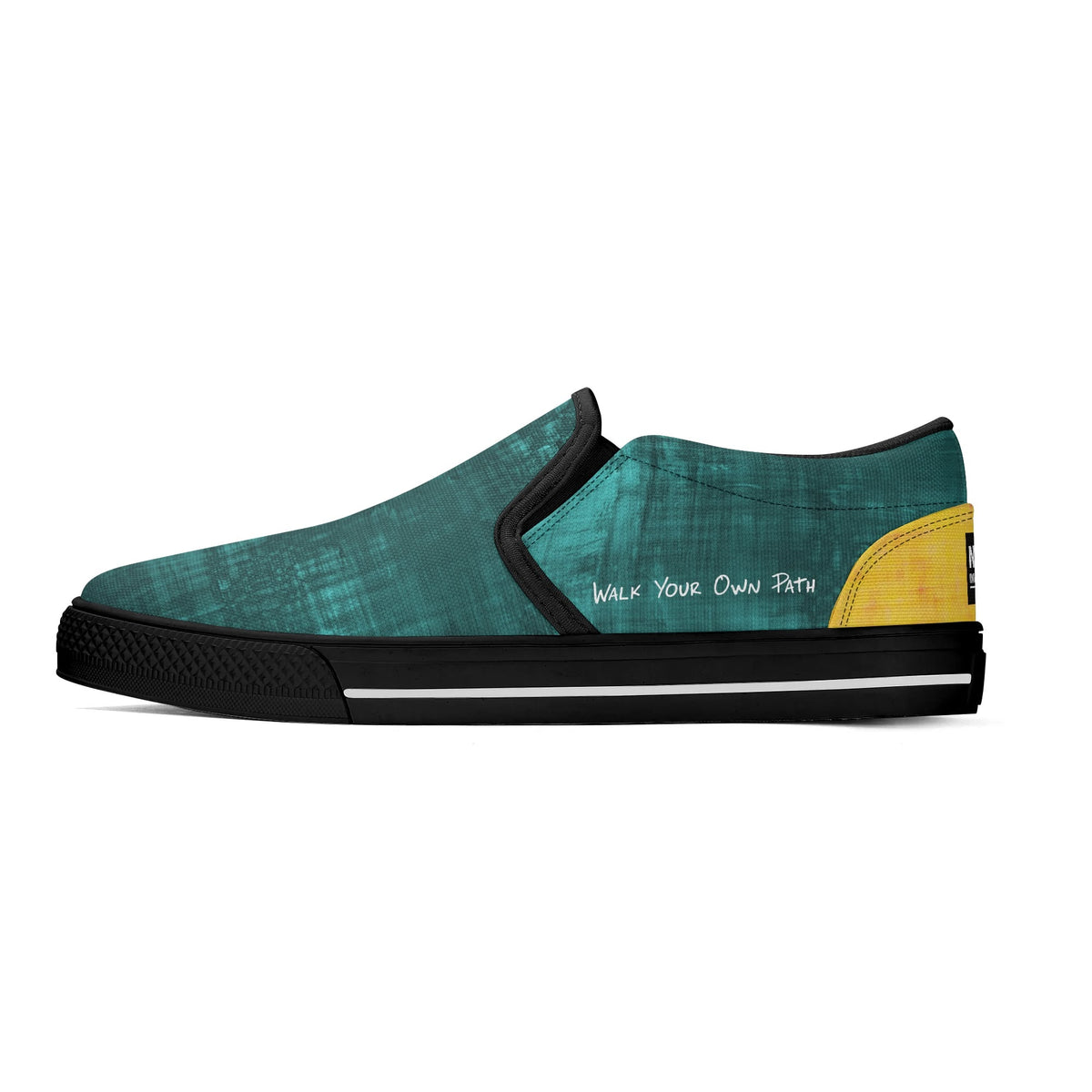 Teal slip-on sneaker with yellow accent and text on a white background
