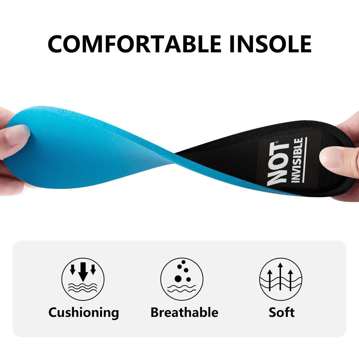 Blue and black insole with 'Not Invisible' branding, held by hands, on a white background.