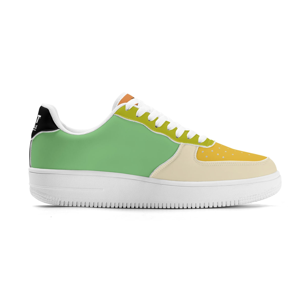 Multicolored sneaker with green, yellow, and beige sections on a white background