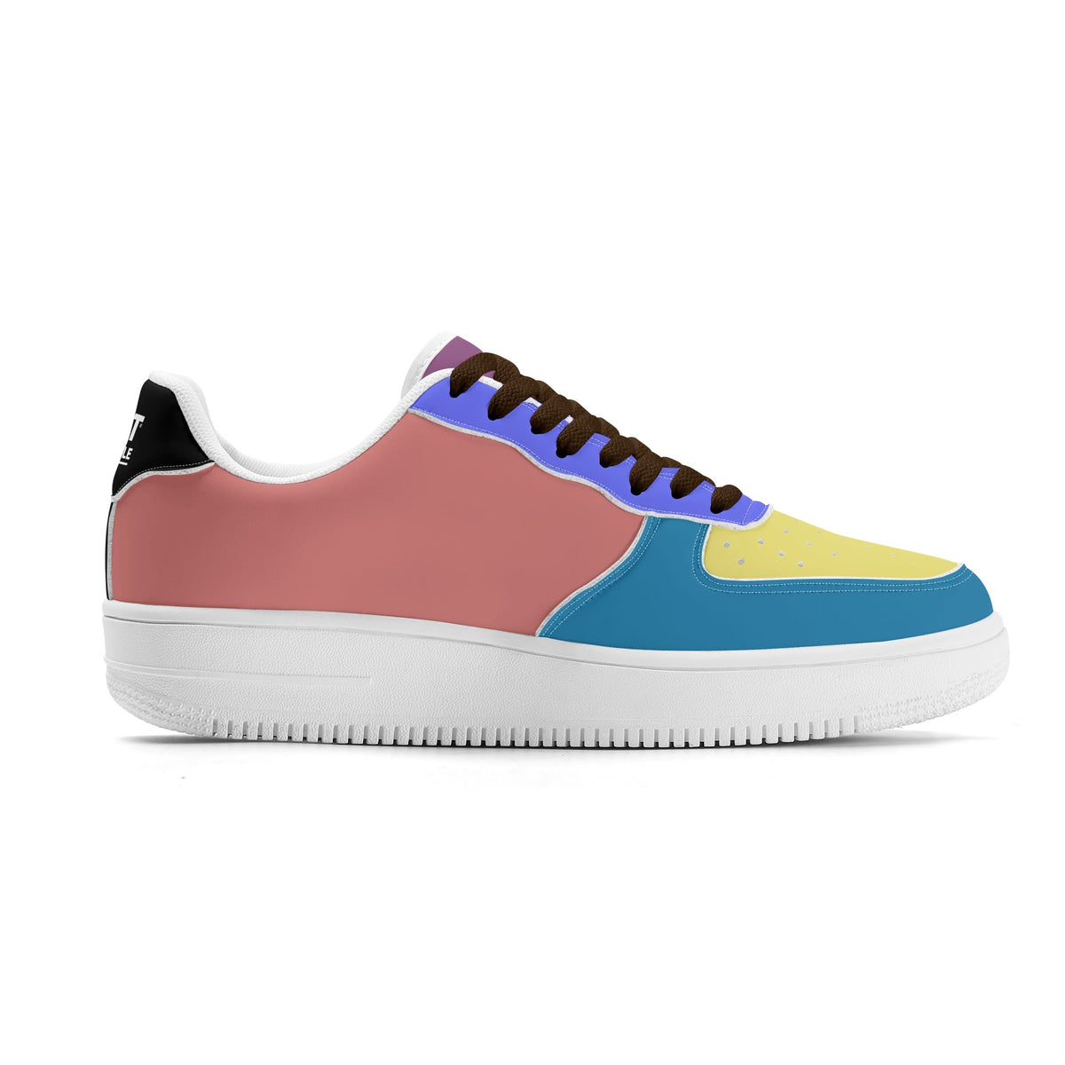 Multicolored sneaker with a white sole on a white background