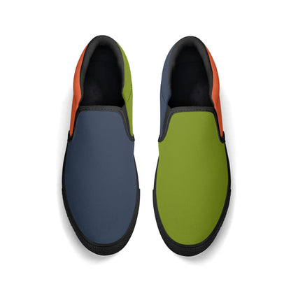 Pair of colorful slip-on shoes on a white background