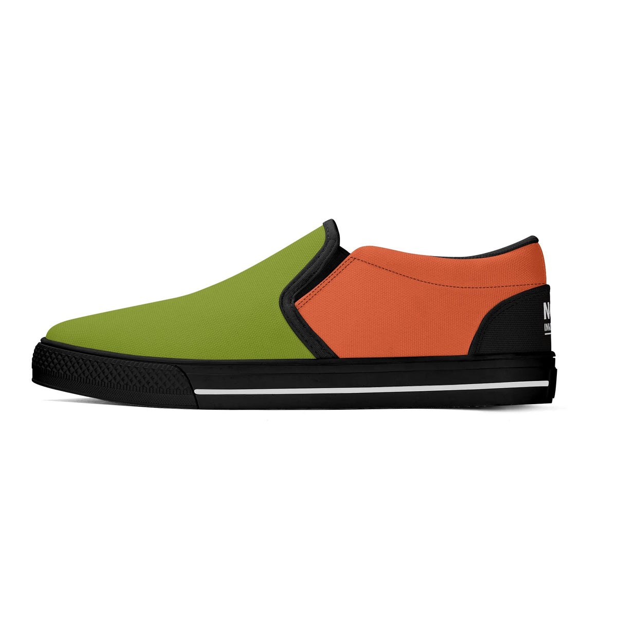 Multicolored slip-on shoe with green, orange, and black sections on a white background