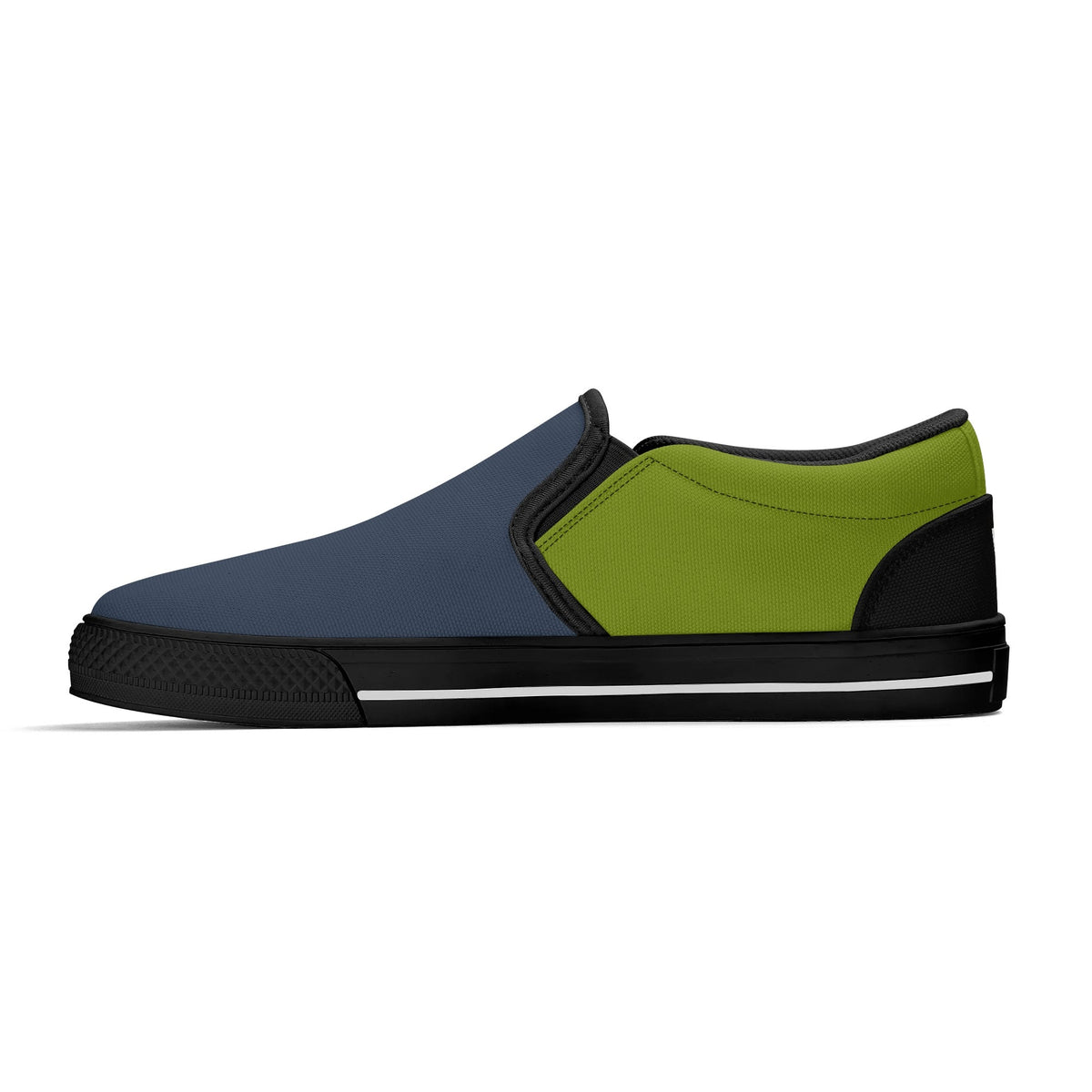 Sneaker with blue, green, and black color scheme on a white background