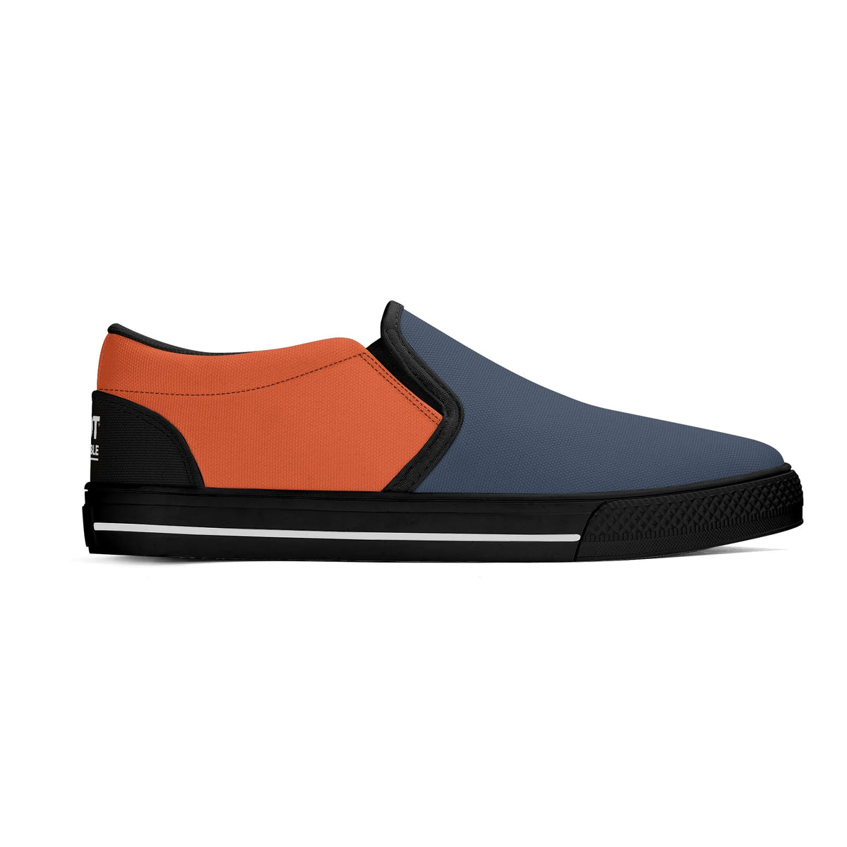 Multicolored slip-on shoe with orange, black, and blue sections on a white background