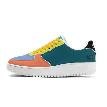 Colorful sneaker with multicolored laces on a white background